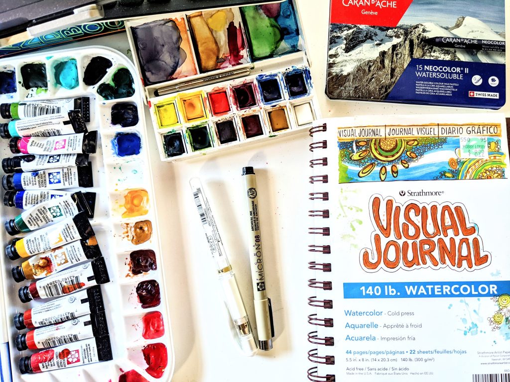 Art supplies and watercolor journal setup I use to start a creative habit