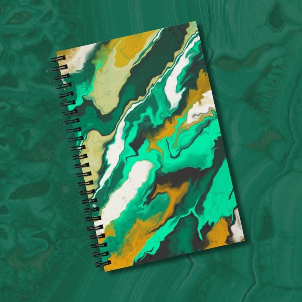 Arizona copper country malachite-inspired spiral notebook, hand-drawn abstract illustration by Tucson illustrator Nicole Peery