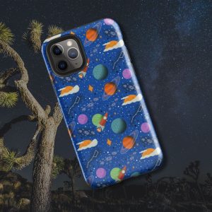 Sleepy space adventure celestial pattern iPhone tough case, hand-drawn planets and stars illustration by Tucson illustrator Nicole Peery