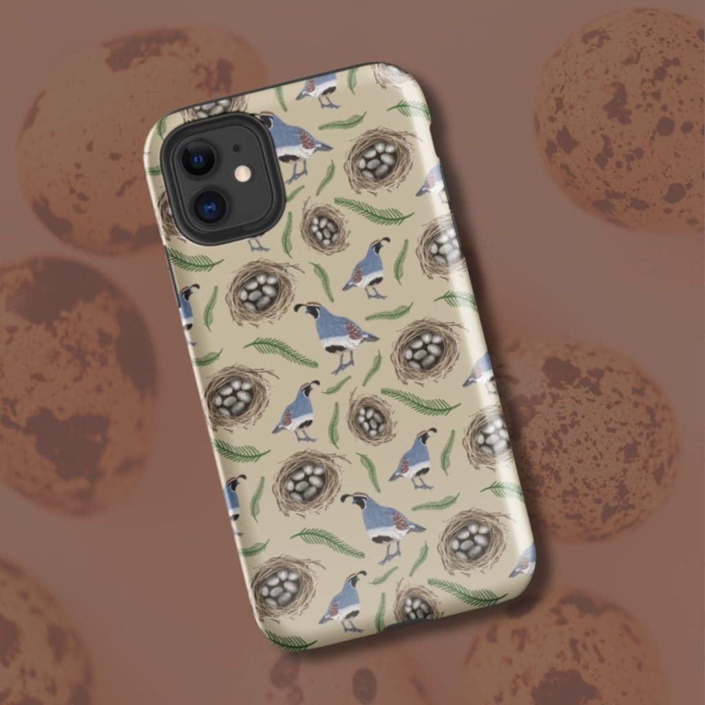 Arizona Gambel's quail pattern iPhone tough case, hand-drawn desert wildlife illustration by Tucson illustrator Nicole Peery