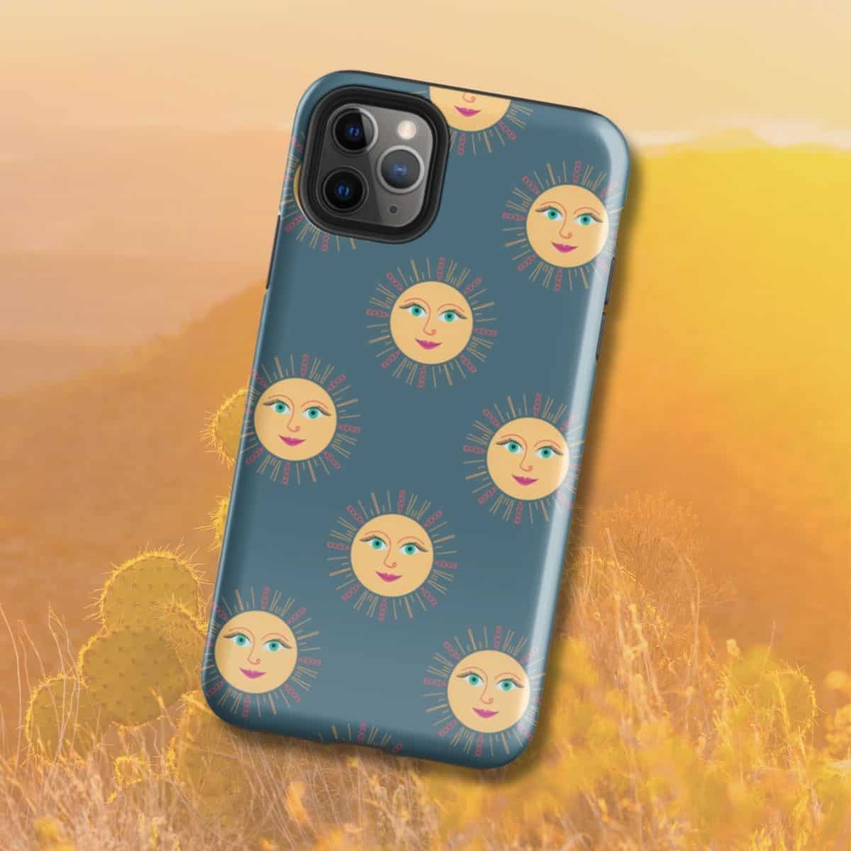 Golden Sonoran sun iPhone tough case, hand-drawn Arizona mid-century modern design by Tucson illustrator Nicole Peery