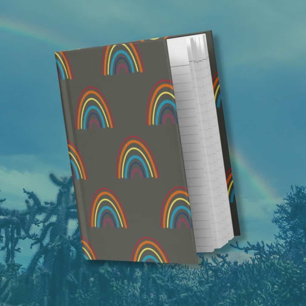 Arizona monsoon rainbow pattern hardcover journal, hand-drawn Southwest illustration by Tucson illustrator Nicole Peery