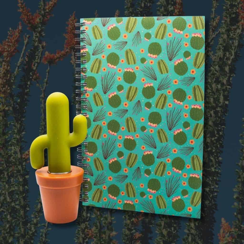 Barrel cactus and ocotillo Arizona desert plants pattern spiral notebook, hand-drawn illustration by Tucson illustrator Nicole Peery