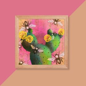 Prickly pear cactus and bee photo collage framed art print, Arizona desert wall art by Tucson illustrator Nicole Peery