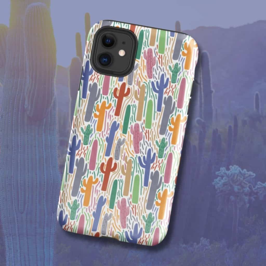 Hand-drawn saguaro cactus pattern iPhone case, Sonoran Desert illustration by Tucson illustrator Nicole Peery