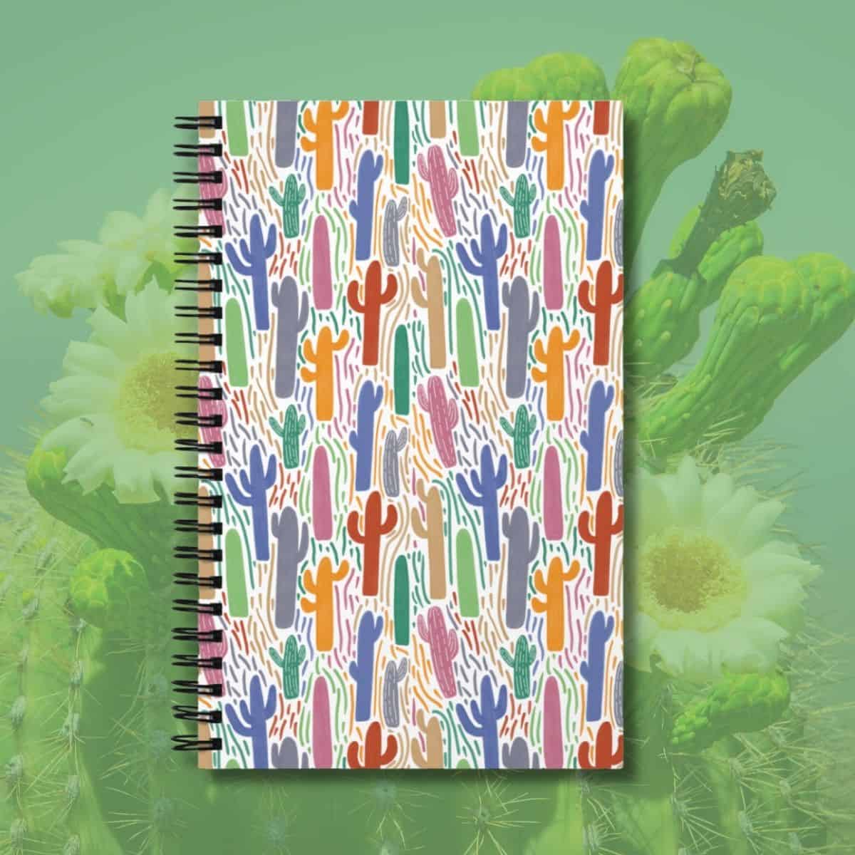Hand-drawn saguaro cactus pattern spiral notebook, Sonoran Desert illustration by Tucson illustrator Nicole Peery