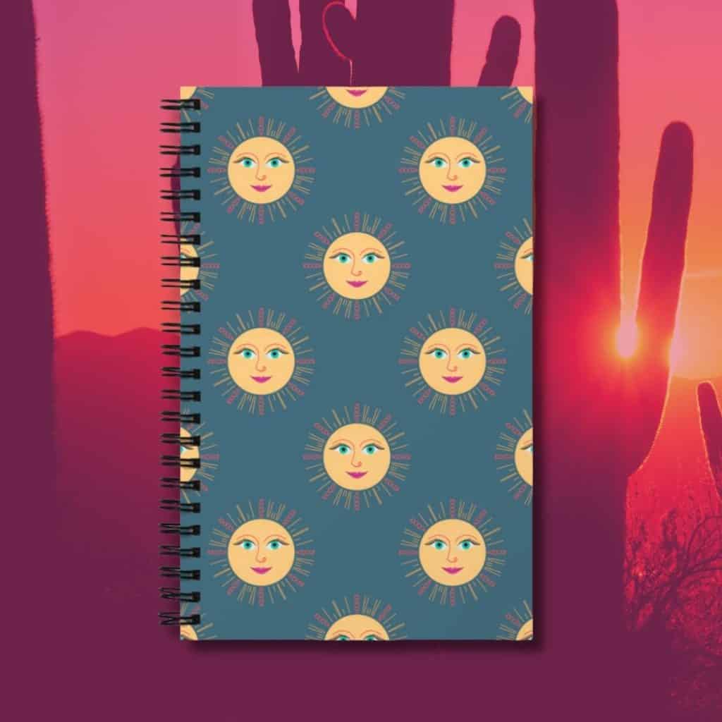 Golden Sonoran sun spiral notebook, hand-drawn Southwest desert art by Tucson illustrator Nicole Peery