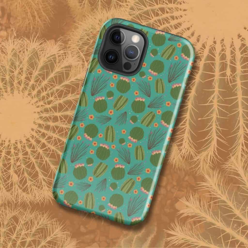Barrel cactus and ocotillo pattern iPhone tough case, hand-drawn Arizona desert plants illustration by Tucson illustrator Nicole Peery