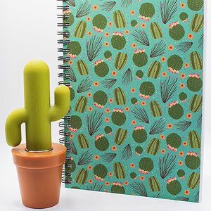 Colorful cactus-themed notebook with spiral binding and decorative cactus plant for stationery and office use.