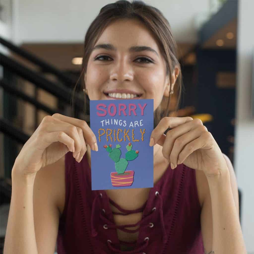 Funny prickly pear cactus get well card, hand-drawn cactus pun greeting card by Tucson illustrator Nicole Peery