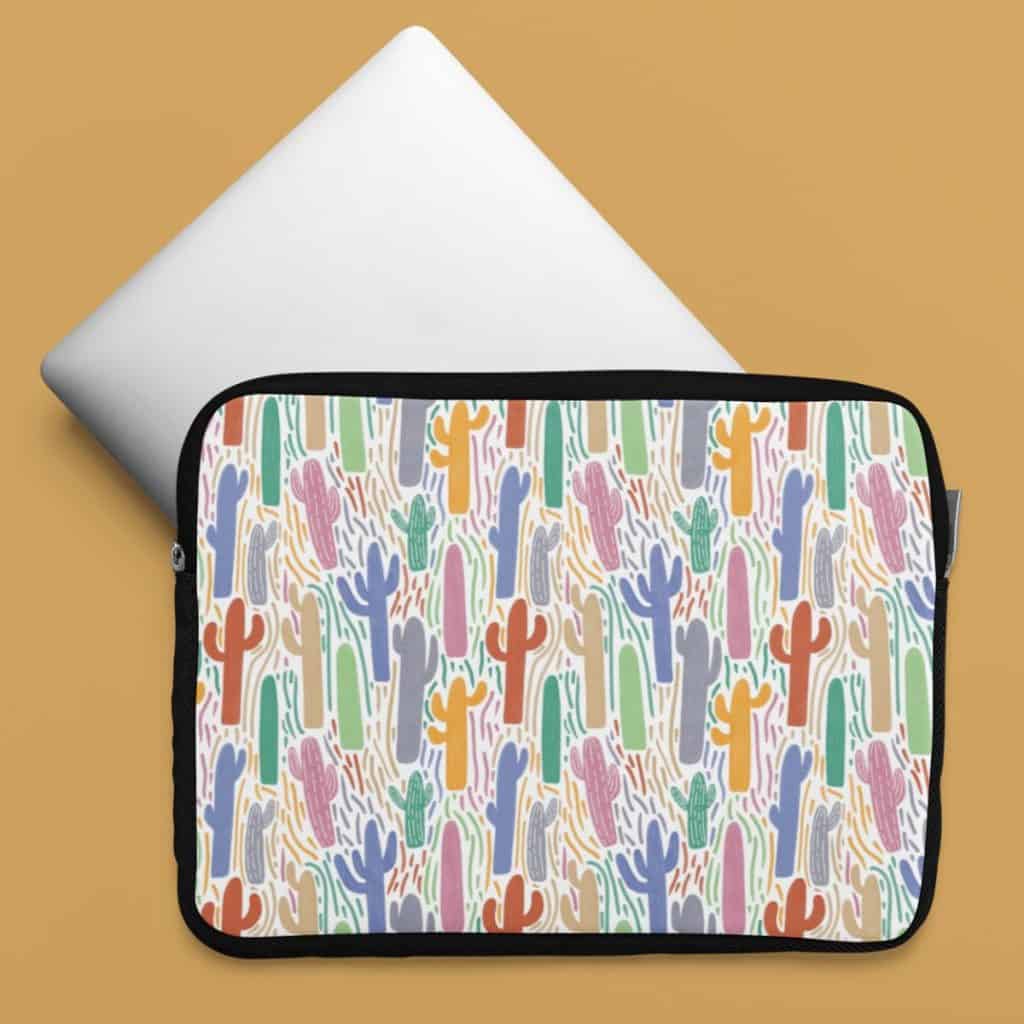 Saguaro cactus pattern laptop sleeve, hand-drawn Arizona art by Tucson illustrator Nicole Peery