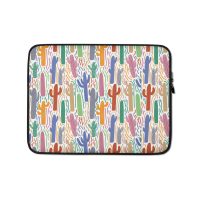 Saguaro cactus laptop sleeve, hand-drawn pattern in Matisse-inspired colors, front view on white background
