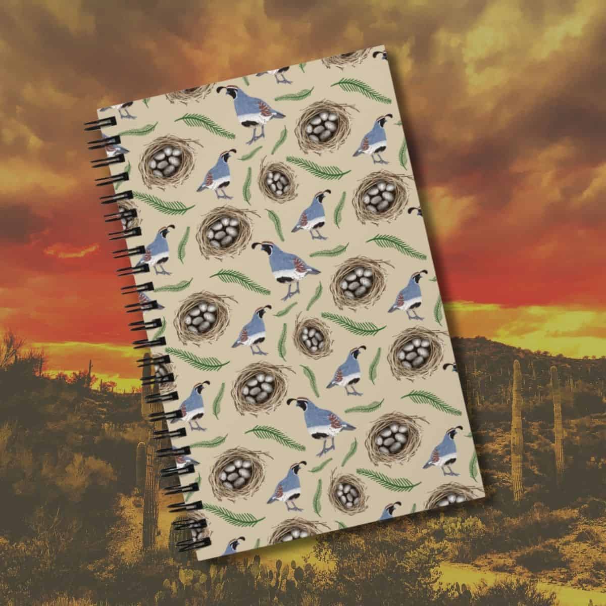 Gambel's quail nest and eggs pattern spiral notebook, hand-drawn Arizona wildlife illustration by Tucson illustrator Nicole Peery