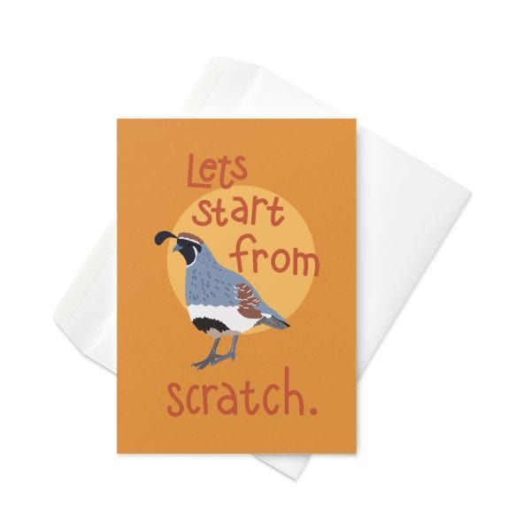 greeting-card-5x7-front-6a05e41827e48.jpg Bird illustration with motivational message "Let's start from scratch" on orange background, modern.