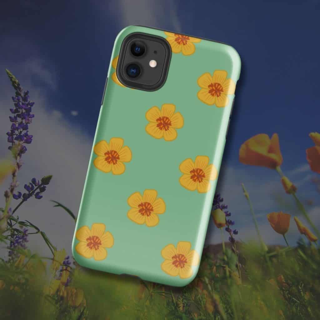Hand-drawn Arizona poppy pattern iPhone tough case, Southwest desert floral illustration by Tucson illustrator Nicole Peery