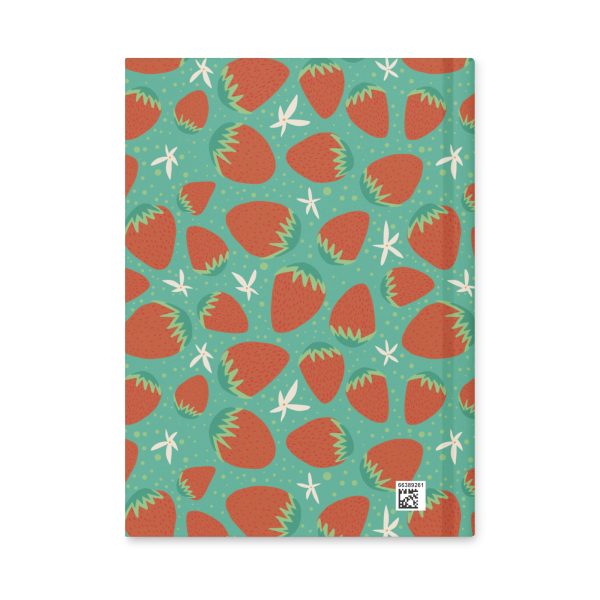 hardcover-journal-matte-white-8x5.75-back-6941c74798f1c.jpg Fresh strawberry pattern with white flowers, vibrant and playful design for textiles or decor.