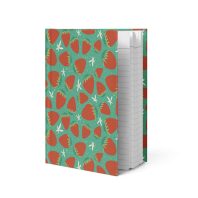 Fruit pattern journal with strawberries and white blossoms on teal hardcover notebook