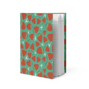 Fruit pattern journal with strawberries and white blossoms on teal hardcover notebook