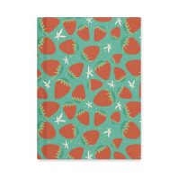 Strawberry pattern illustration with white star accents on teal background.