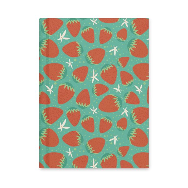 hardcover-journal-matte-white-8x5.75-front-6941c747980ff.jpg Strawberry pattern illustration with white star accents on teal background.