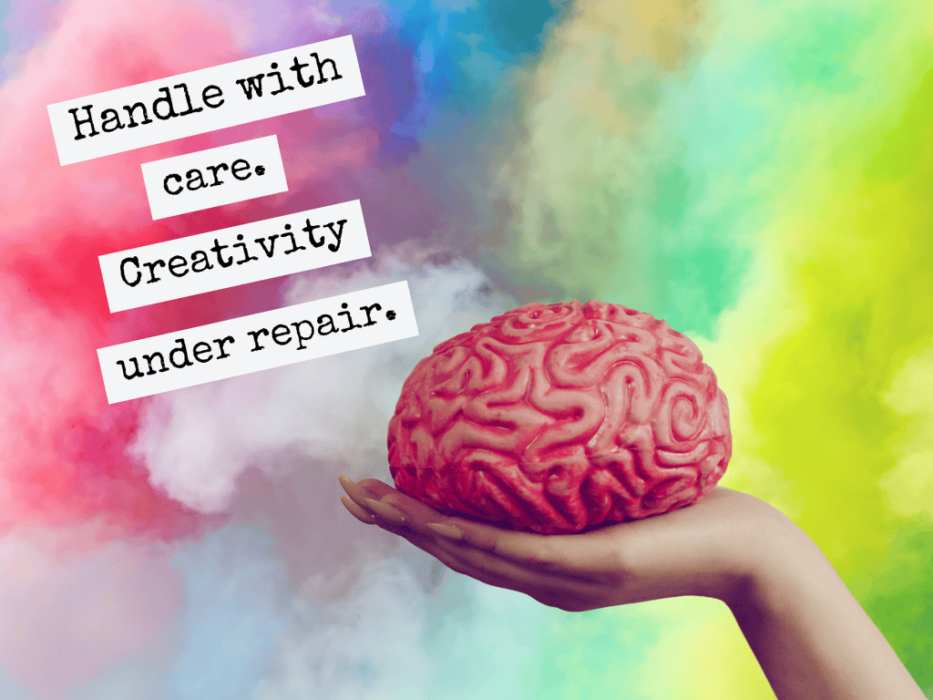 Brain-shaped sculpture on hand with colorful cloud background, creative, innovative, mental health, cognitive repair, artistic expression.