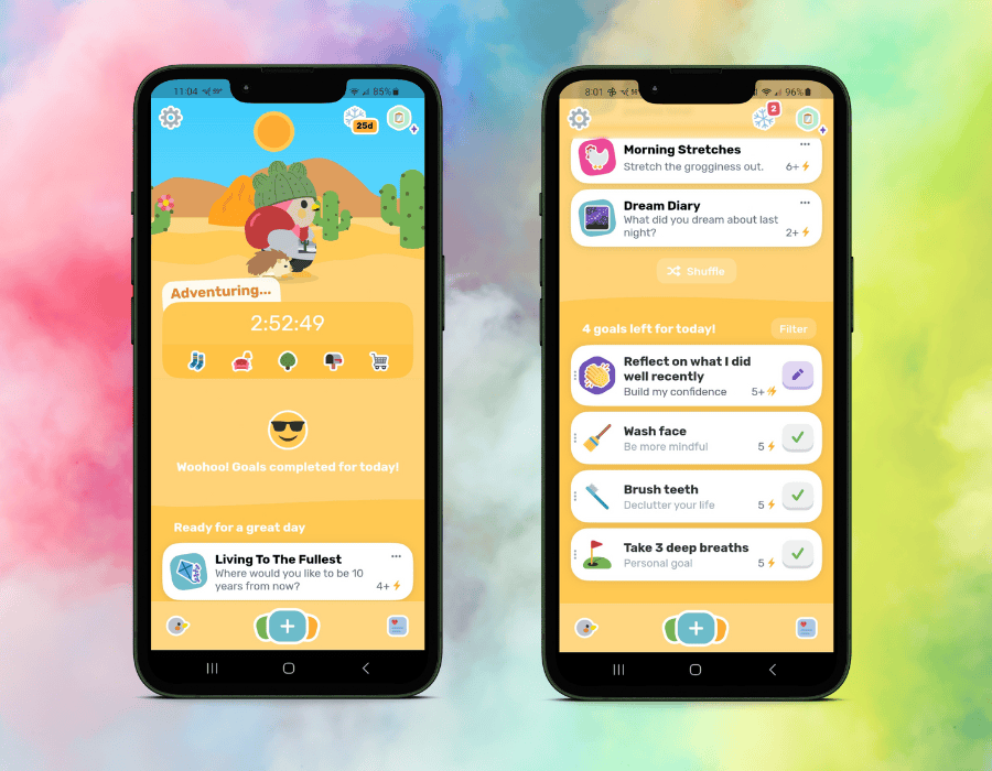 Relaxing wellness app interface on smartphones with goal tracking and mindfulness exercises. Let the Finch app be your partner in creative burnout recovery.