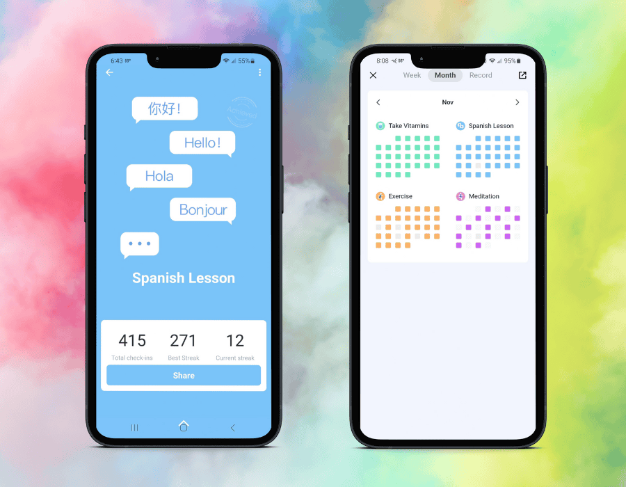 Spanish language learning app screenshot with streaks and check-ins for motivation.