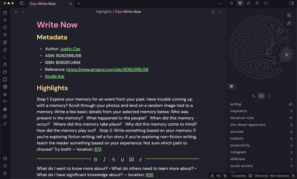 Screenshot of Royal Velvet, a colorful Obsidian theme with dark background and purple accents.