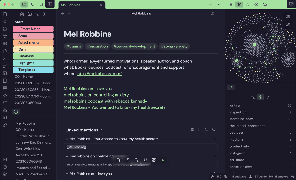 Screenshot of AnuPpuccin, one of the colorful obsidian themes for notetakers who want complete control over their workspace.