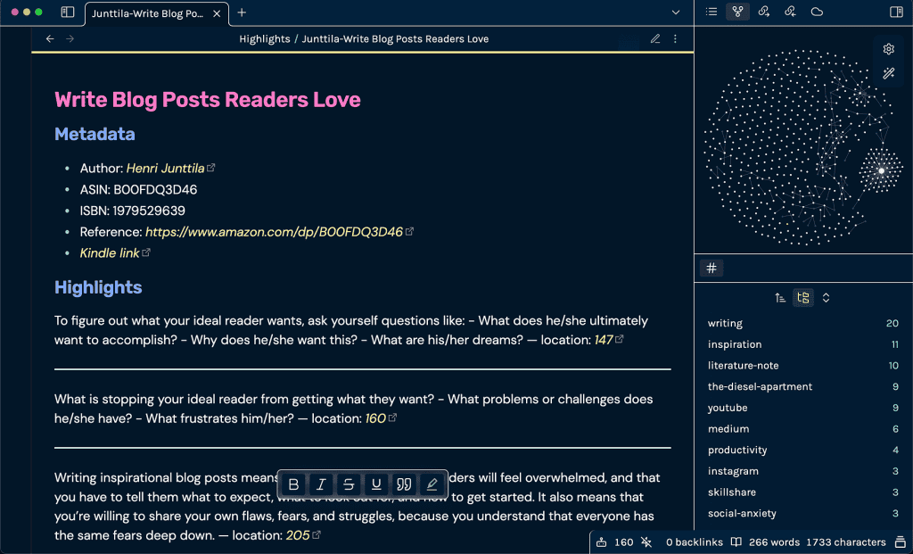Screenshot of Night Owl, a colorful Obsidian theme with dark background and purple accents