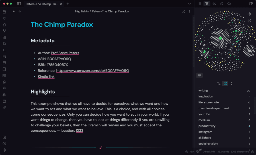 Screenshot of Obsidianite, a colorful obsidian theme for anyone who wants dark but not dull