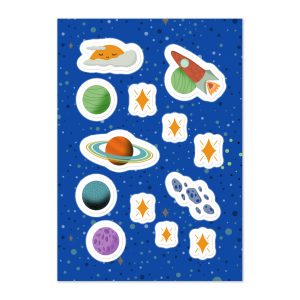 Cute space sticker sheet with hand-drawn sleepy suns, colorful planets, retro rockets and asteroid trails