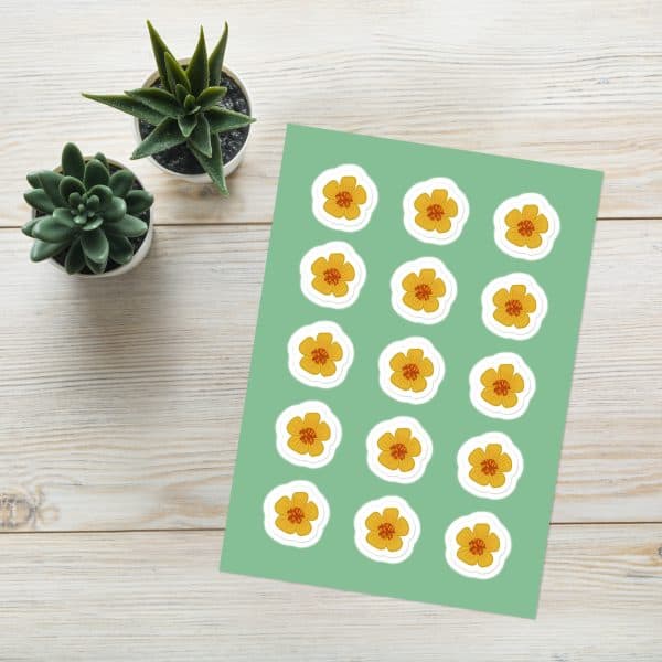 kiss-cut-sticker-sheet-white-front-6915e85c30bf9.jpg Glossy poppy sticker sheet with simple repeating blooms for organized planners, illustrated by Tucson-based artist Nicole Peery