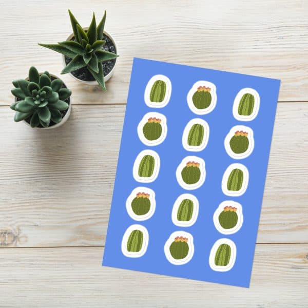 kiss-cut-sticker-sheet-white-front-6915f5f3d7a5a.jpg Sticker sheet with barrel cactus and soft plant accents for focus-friendly planning and creative routines, illustrated by Tucson-based artist Nicole Peery.