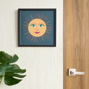 Mid-century modern Arizona sun illustrated framed art print, retro hand-drawn sun face wall art by Tucson illustrator Nicole Peery