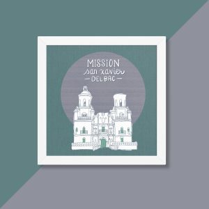 Hand-drawn Mission San Xavier del Bac framed art print, illustrated Tucson landmark architecture wall art by Tucson illustrator Nicole Peery