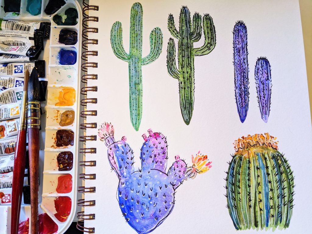 Painting saguaro, barrell, and prickly pear cacti in a sketchbook in a creative slump