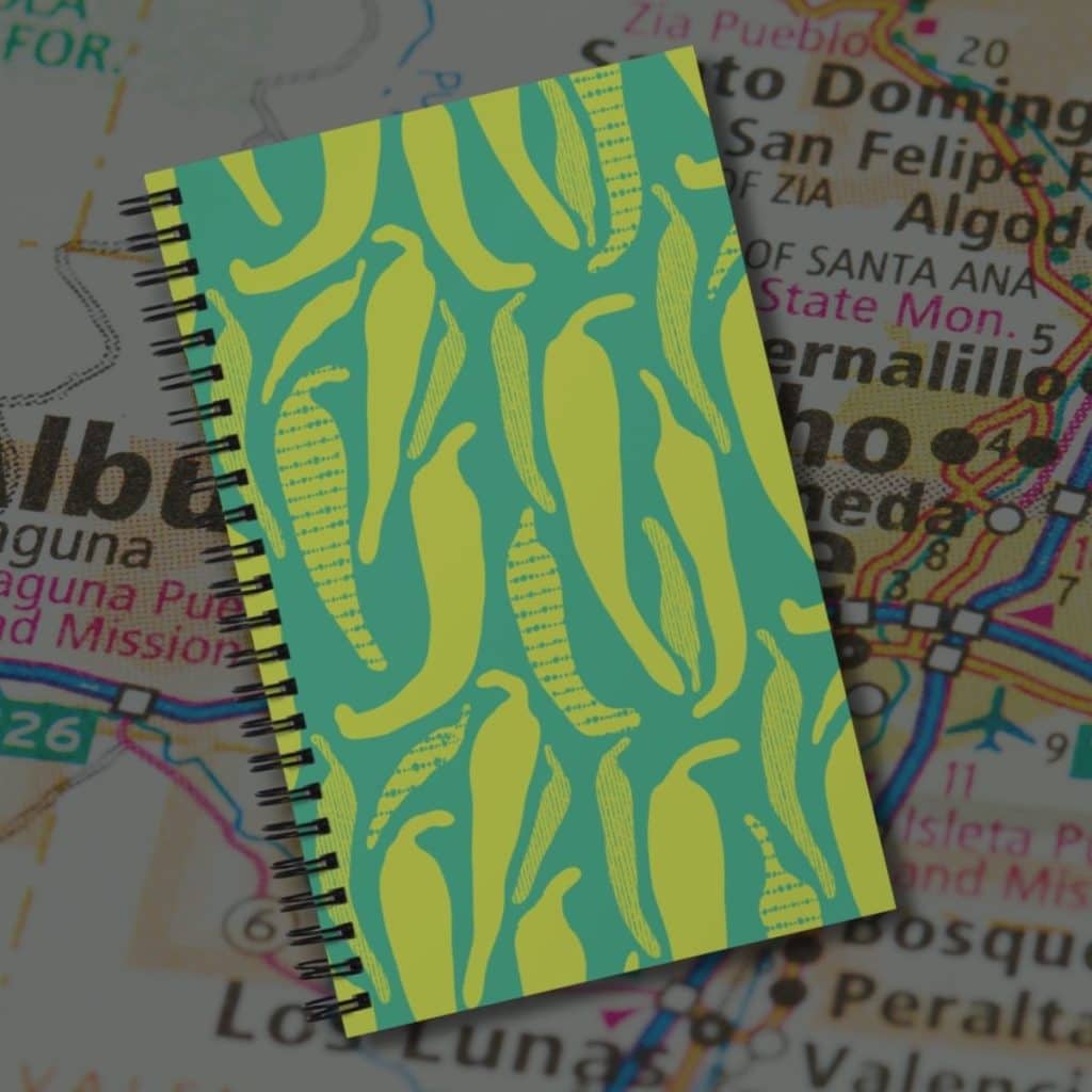 Hand-drawn hatch chili pepper pattern spiral notebook, Southwest food illustration by Tucson illustrator Nicole Peery