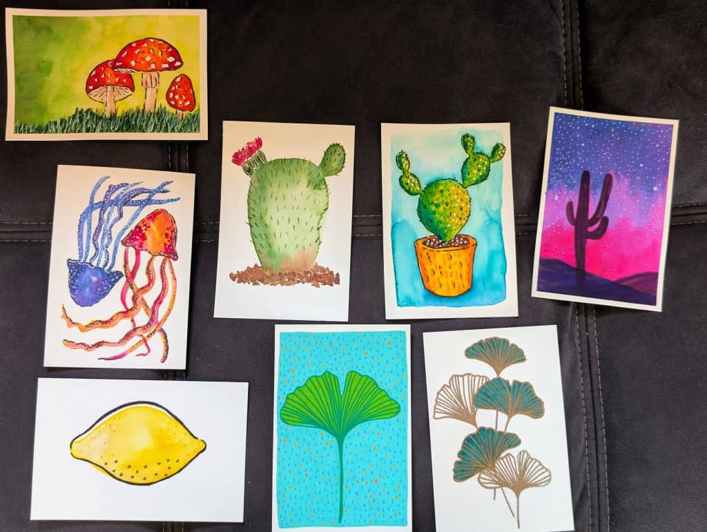 Bright colorful cactus and mushroom watercolor illustrations, artistic nature-inspired drawings. Painting postcards and sending them to friends for free can be a great way to remind yourself to stop monetizing your creativity when it doesn't feel good.