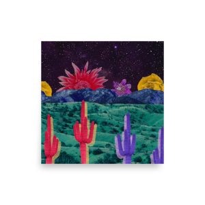 Sonoran desert art print featuring vivid desert landscape with neon cacti, colorful flowers, and starry galaxy sky artwork.