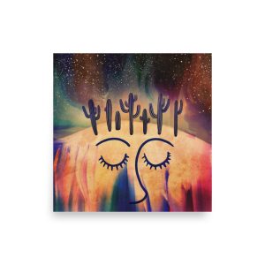 Psychedelic cactus art print with hand-drawn saguaros, smiling face, and rainbow gradient starry background