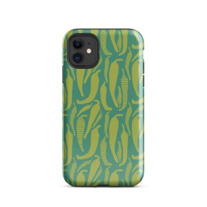 Chile pepper iPhone case with hand-drawn Hatch New Mexico peppers on teal background Southwest design