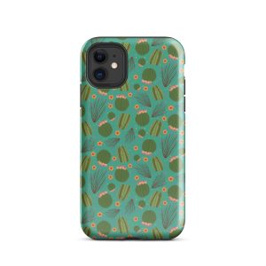 Cactus iPhone case with hand-drawn barrel cactus ocotillo and poppies on teal background desert plant pattern