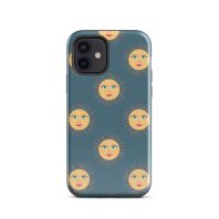 Sun face pattern phone case featuring cheerful sun illustrations for iPhone.