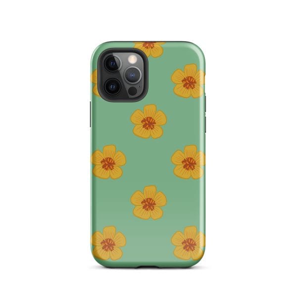 tough-case-for-iphone-glossy-iphone-12-pro-front-690e2f0d79388.jpg Yellow flower phone case with green background, trendy accessory for iPhone.