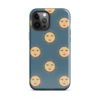 Sun-themed phone case with smiling sun faces pattern, perfect for cheerful, sunny style.