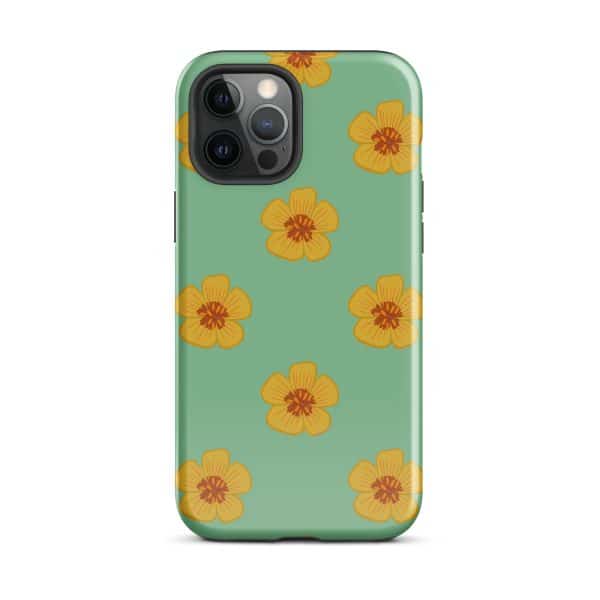 tough-case-for-iphone-glossy-iphone-12-pro-max-front-690e2f0d793f2.jpg Yellow flower-patterned phone case with mint green background, stylish and protective accessory.