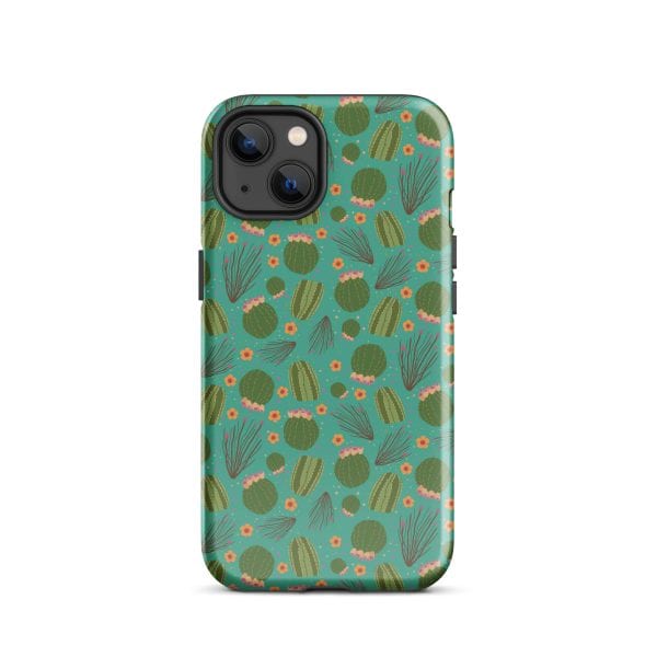 tough-case-for-iphone-glossy-iphone-13-front-690cbd038ac7f.jpg Bright turquoise phone case with green cacti and pink floral patterns for a desert-inspired design.