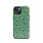 Bright turquoise phone case with green cacti and pink floral patterns for a desert-inspired design.