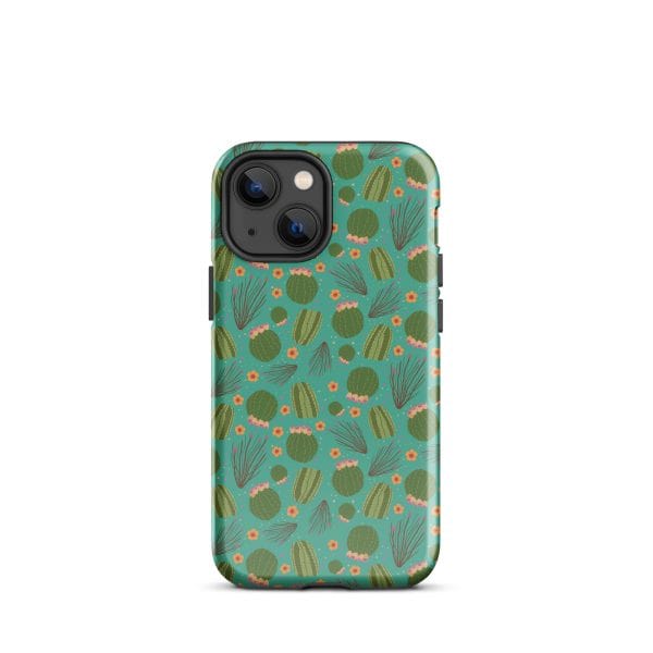 tough-case-for-iphone-glossy-iphone-13-mini-front-690cbd038ac18.jpg Vibrant cactus-themed phone case with floral accents for iPhone 13 or 14, smartphone protection, and stylish desert-inspired design.